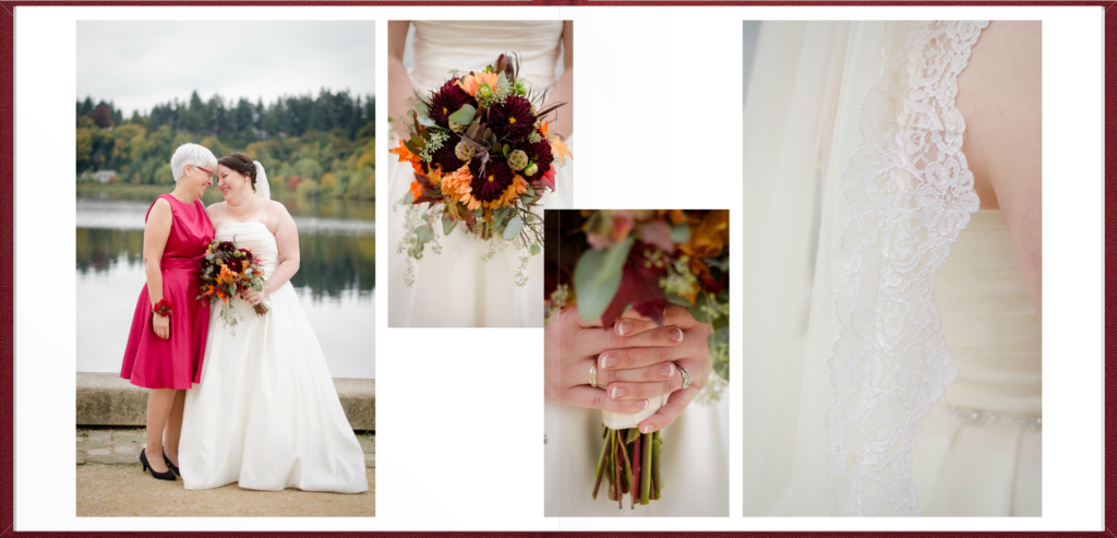 Fall Bride with bouquet and family heirloom photographs on bouquet